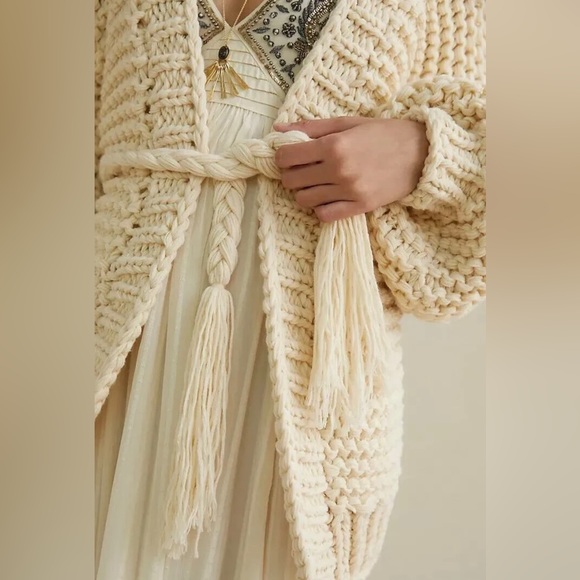 Anthropologie Chunky Knit Cardigan Coxy Natural ONE SIZE Ivory Belted - Picture 4 of 14